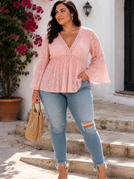 torrid Tops - Torrid Light Pink Lace Babydoll Top 2X NWT Bell Sleeve Boho Blouse Plus